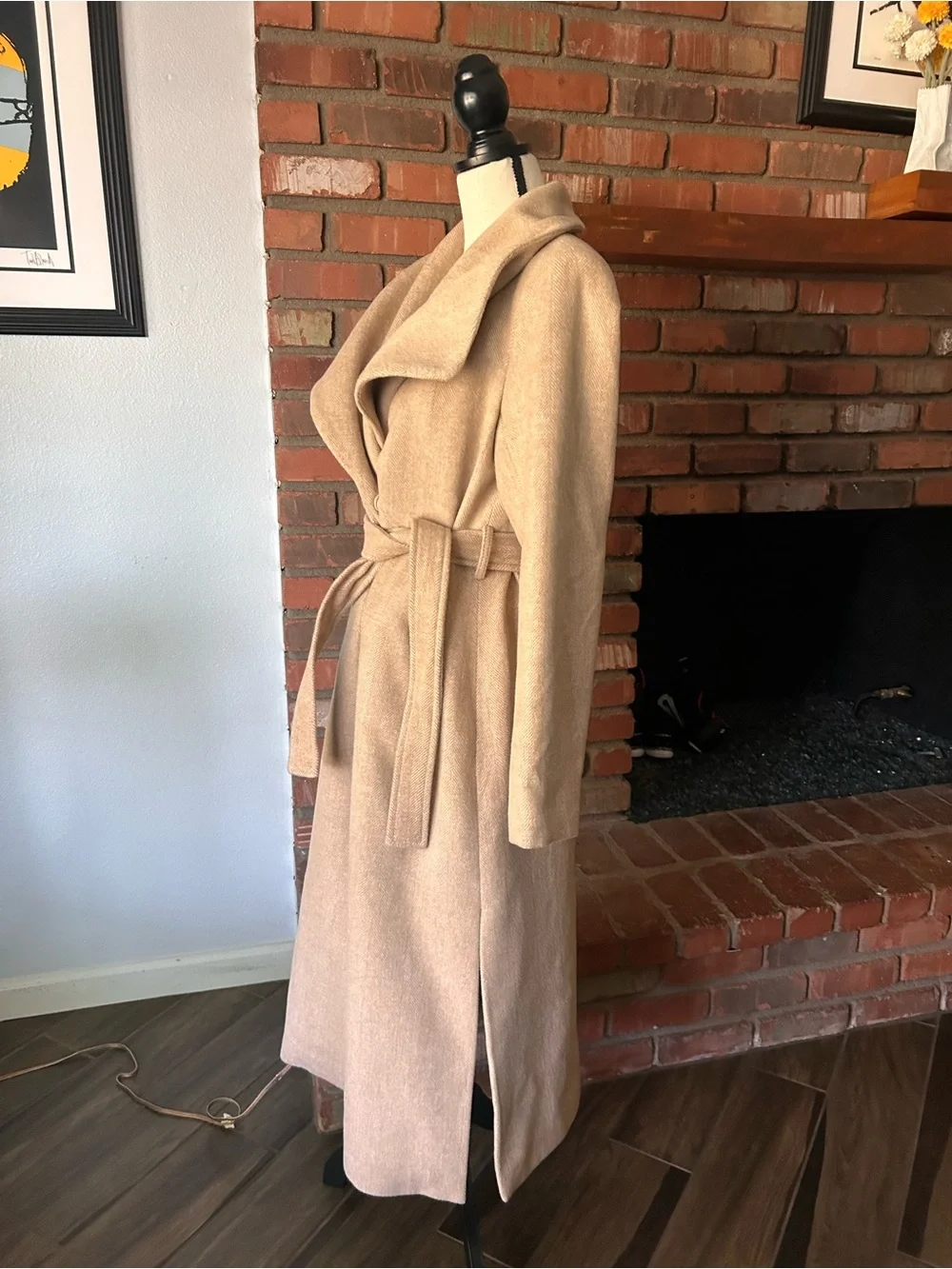 Rachel Parcell Herringbone Long Wool Blend Wrap Coat in Tan Sz S - Picture 4 of 11